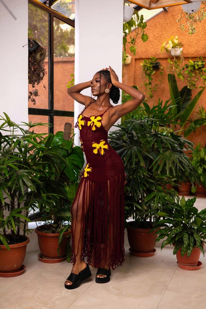 Burgundy Floral Elegance Crochet Dress - EileyNova