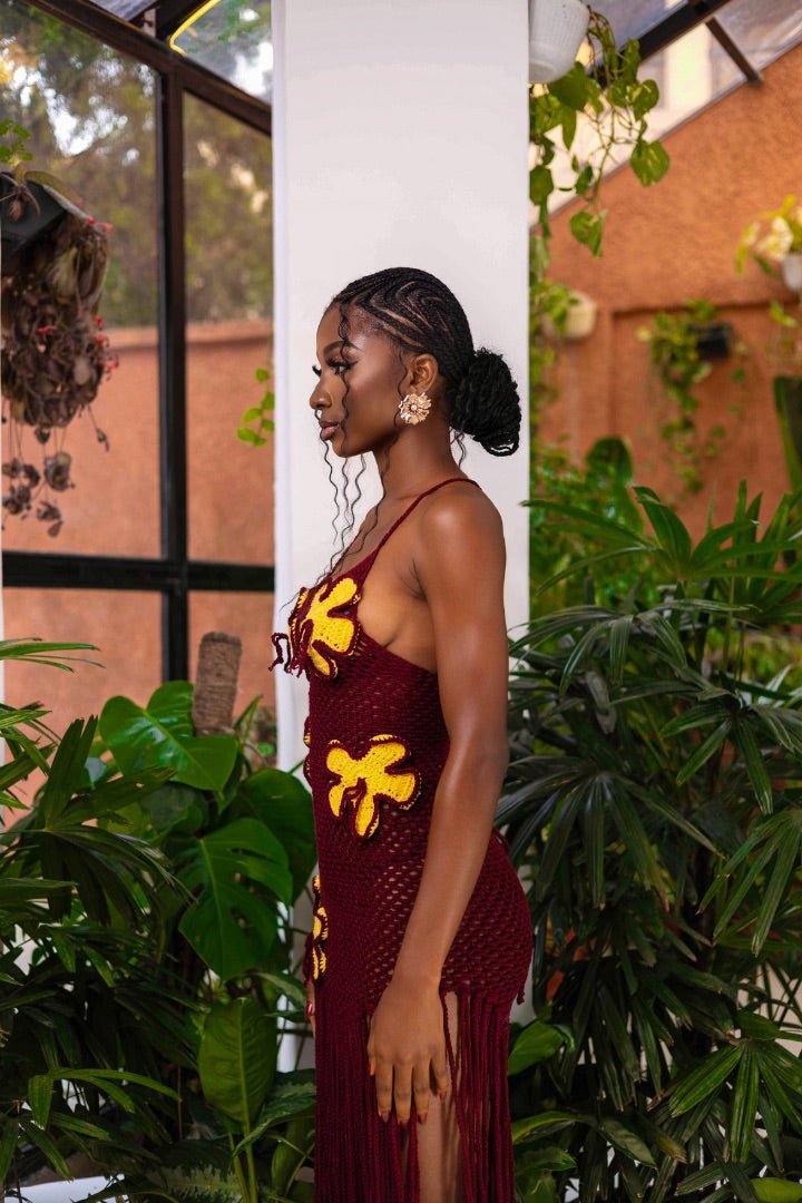 Burgundy Floral Elegance Crochet Dress - EileyNova