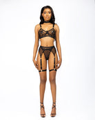 Midnight Grid 3pieces Garter Lingerie - EileyNova